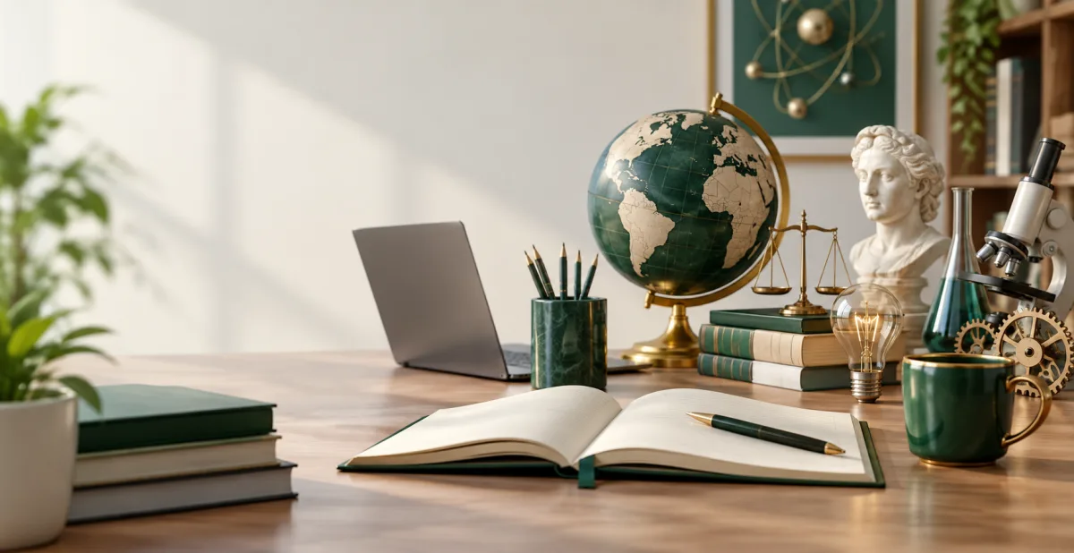 Study desk with books and learning tools for subject-based MCQ preparation
