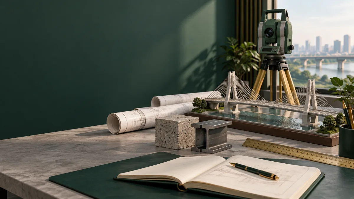 Civil engineering study desk with a bridge model, surveying instrument and construction materials