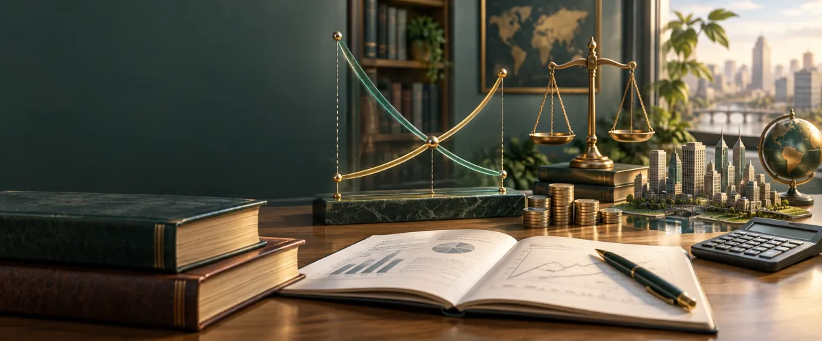 Economics study desk with supply and demand curves, scales and an economic city model
